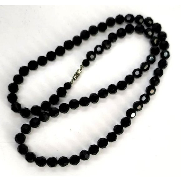 Black Glass Round Faceted Beaded Necklace and Bracelet Set Vintage Glam LI320 - Picture 3 of 9